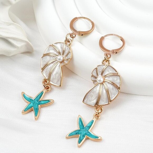 Dangle Gold Starfish Seahorse Shell Starfish with Pearl Turquoise Earrings - Picture 3 of 5